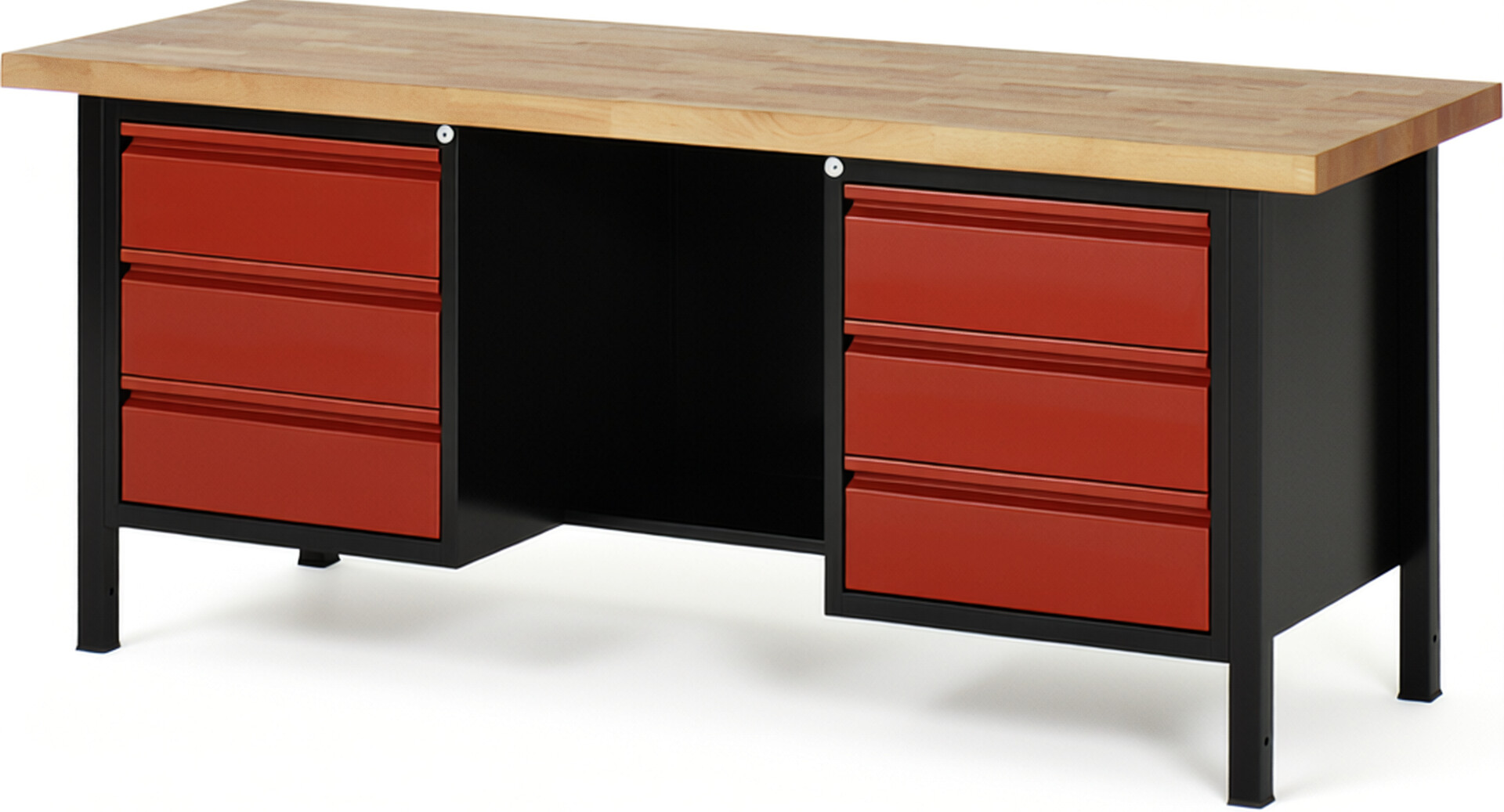 RAU Werkbank schwarz - rot - Breite 200 cm - Tiefe 70 cm - Höhe 84 cm - Buche-Massiv Arbeitsplatte 40 mm