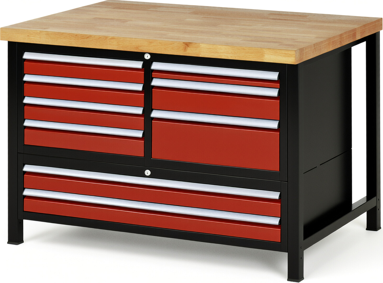 RAU Werkbank schwarz - rot - Breite 125 cm - Tiefe 90 cm - Höhe 104 cm - Buche-Massiv Arbeitsplatte 40 mm