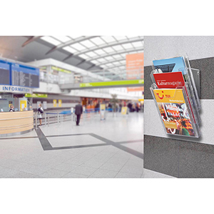 Tischprospekthalter oder Prospekthalter für Wandanbringung, 3 Fächer DIN A4, Fülltiefe 24 mm, BxTxH 242x217x291 mm, VE 3 Stück