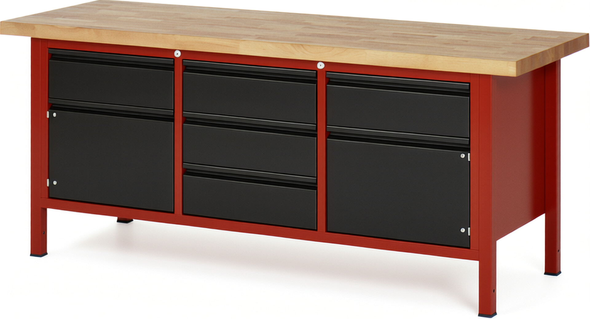 Werkbank rot - schwarz, BxTxH 2000x700x840-1040 mm, Platte Buche 40 mm, 5 Schubladen 180 mm, 2 Türen 360 mm, RAL 3000/9011