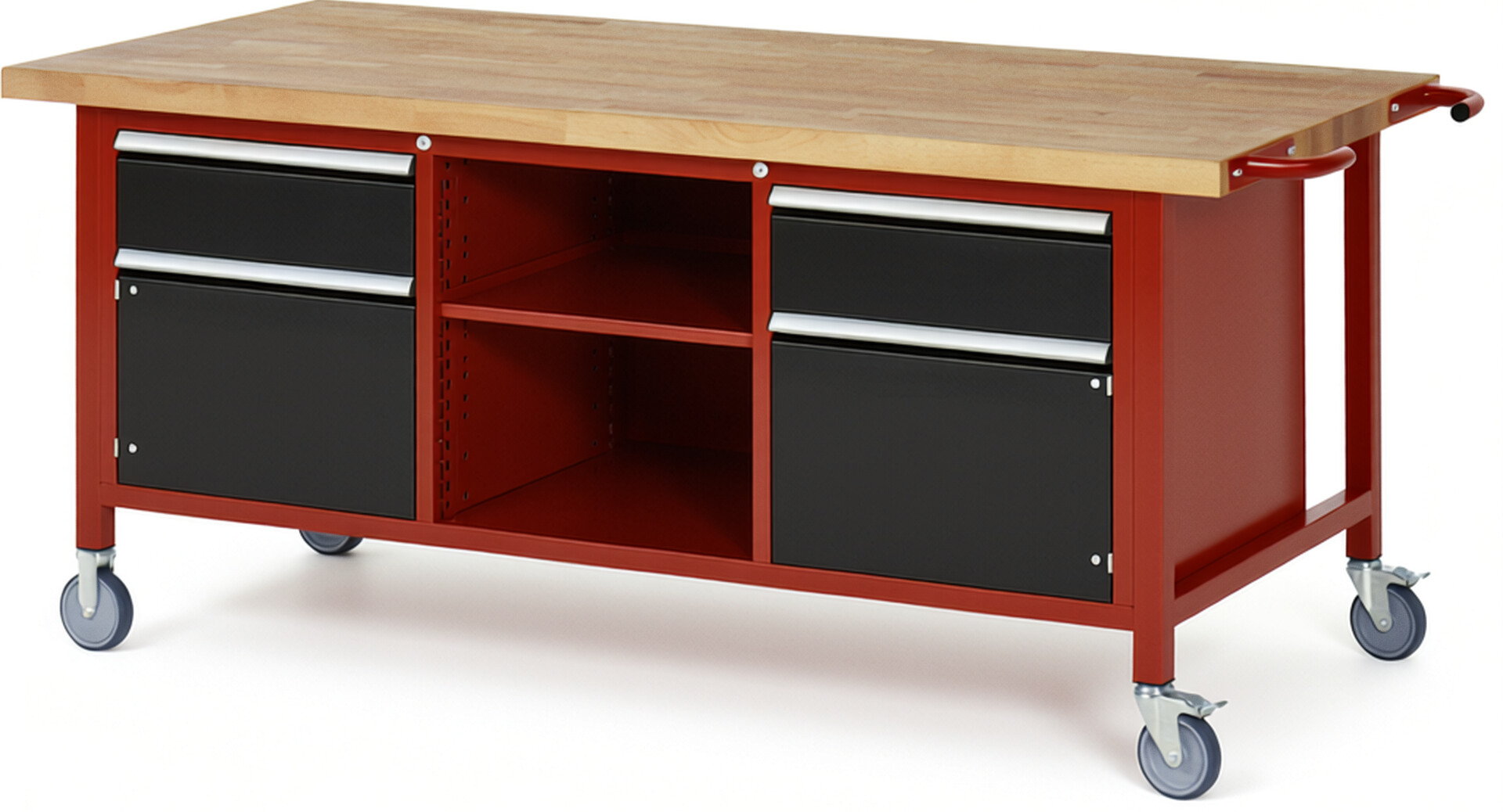 Fahrbare Werkbank Modell 8561 rot - schwarz, BxTxH 2000x900x880-1080 mm,  Buche-Massiv Arbeitsplatte 40 mm,  2 Schubladen mit  Vollauszug 100 % und  SoftClosing