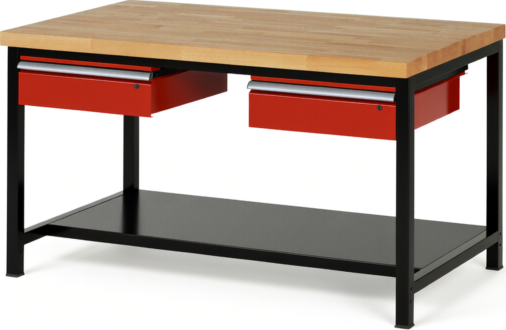 RAU Werkbank schwarz - rot - Breite 150 cm - Tiefe 90 cm - Höhe 104 cm - Buche-Massiv Arbeitsplatte 40 mm