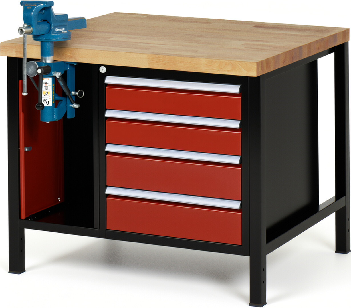 Werkbank Modell 8185 schwarz-rot, BxTxH 1000x900x840 mm,  Buche-Massiv Arbeitsplatte 40 mm,  4 Schubladen mit  Vollauszug 100 % und  SoftClosing