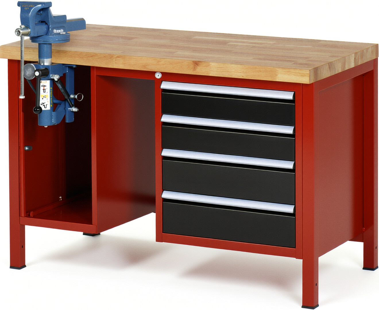 RAU Werkbank rot - schwarz - Breite 125 cm - Tiefe 70 cm - Höhe 104 cm - Buche-Massiv Arbeitsplatte 40 mm