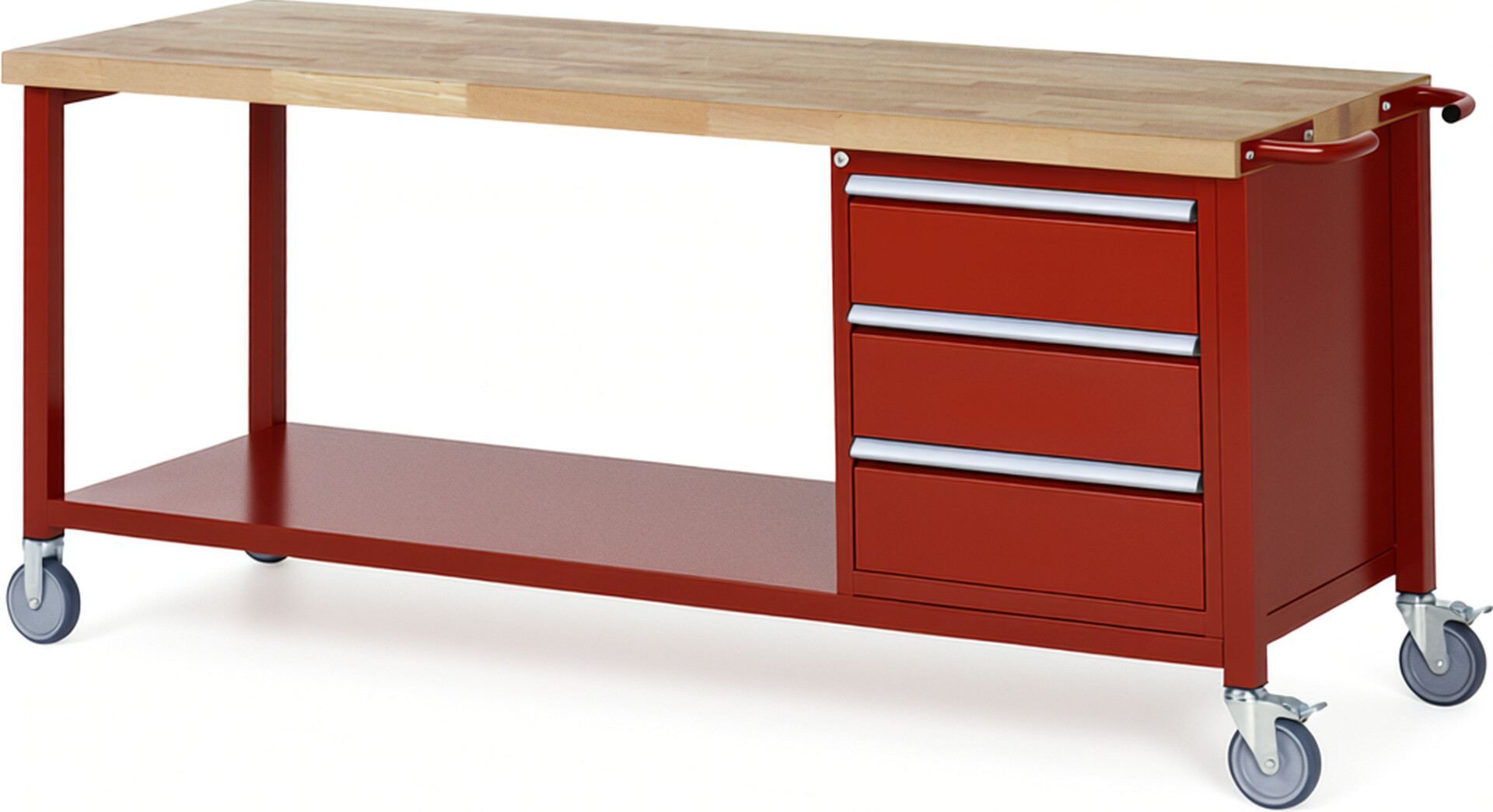 Fahrbare Werkbank Modell 8157 rot, BxTxH 2000x700x880 mm,  Buche-Massiv Arbeitsplatte 40 mm,  3 Schubladen mit  Vollauszug 100 % und  SoftClosing