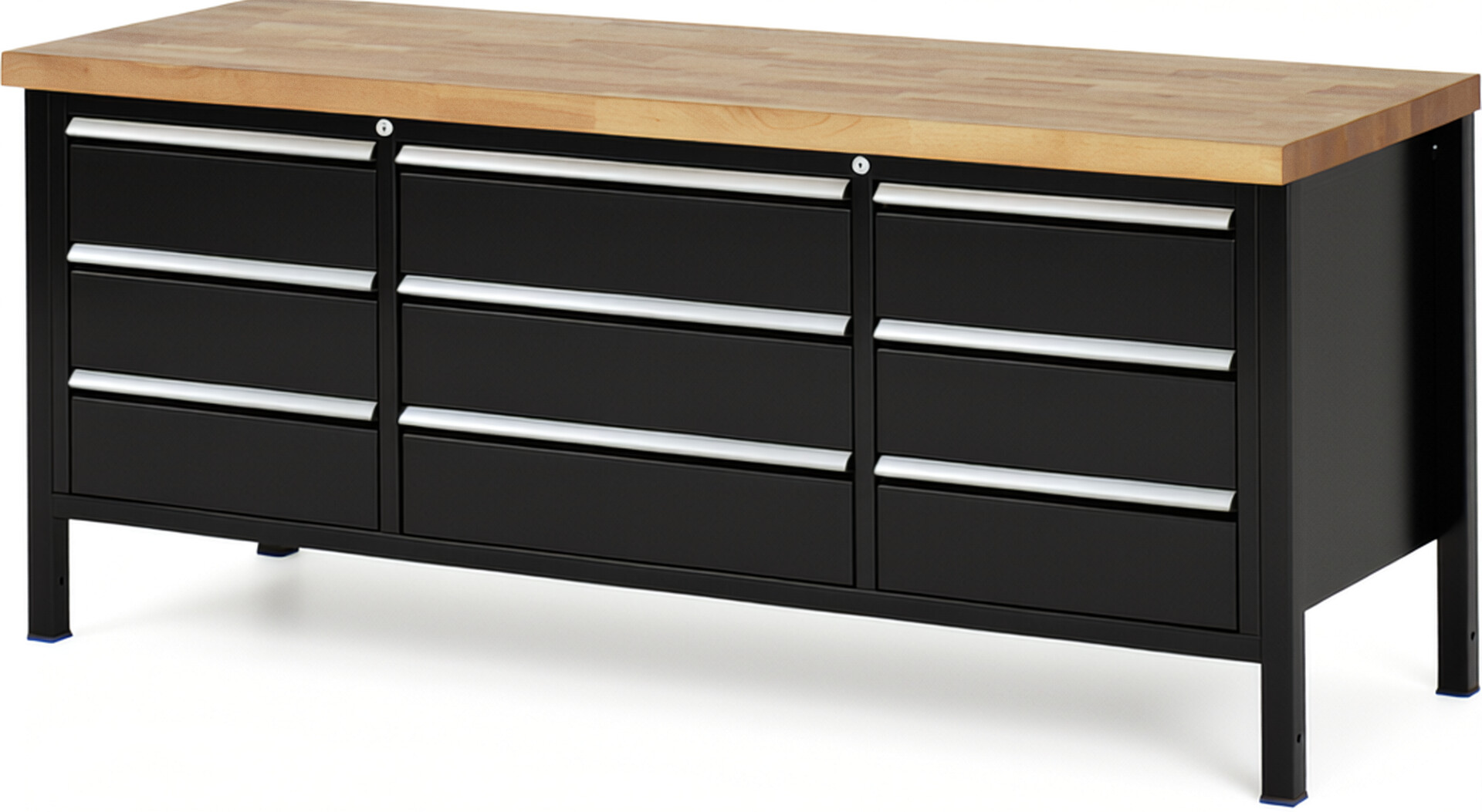 Werkbank Modell 8754 schwarz, BxTxH 2000x700x840-1040 mm,  Buche-Massiv Arbeitsplatte 40 mm,  9 Schubladen mit  Auszug 90 %