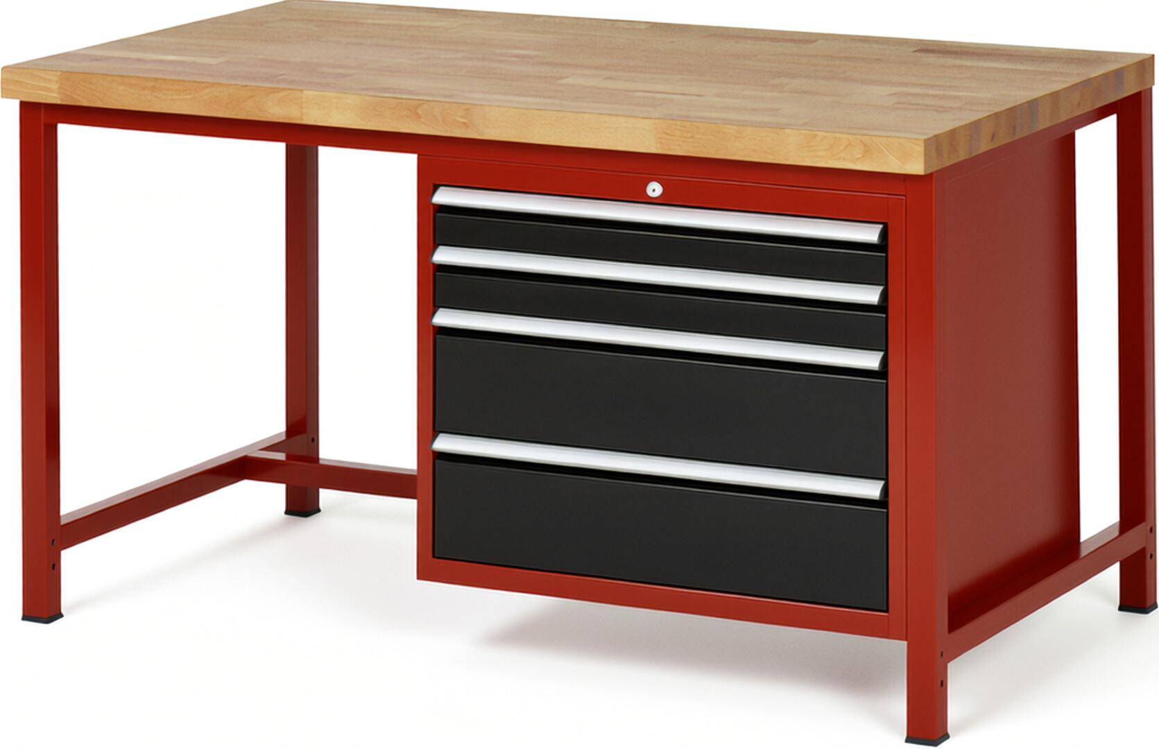 RAU Werkbank rot - schwarz - Breite 150 cm - Tiefe 90 cm - Höhe 104 cm - Buche-Massiv Arbeitsplatte 40 mm