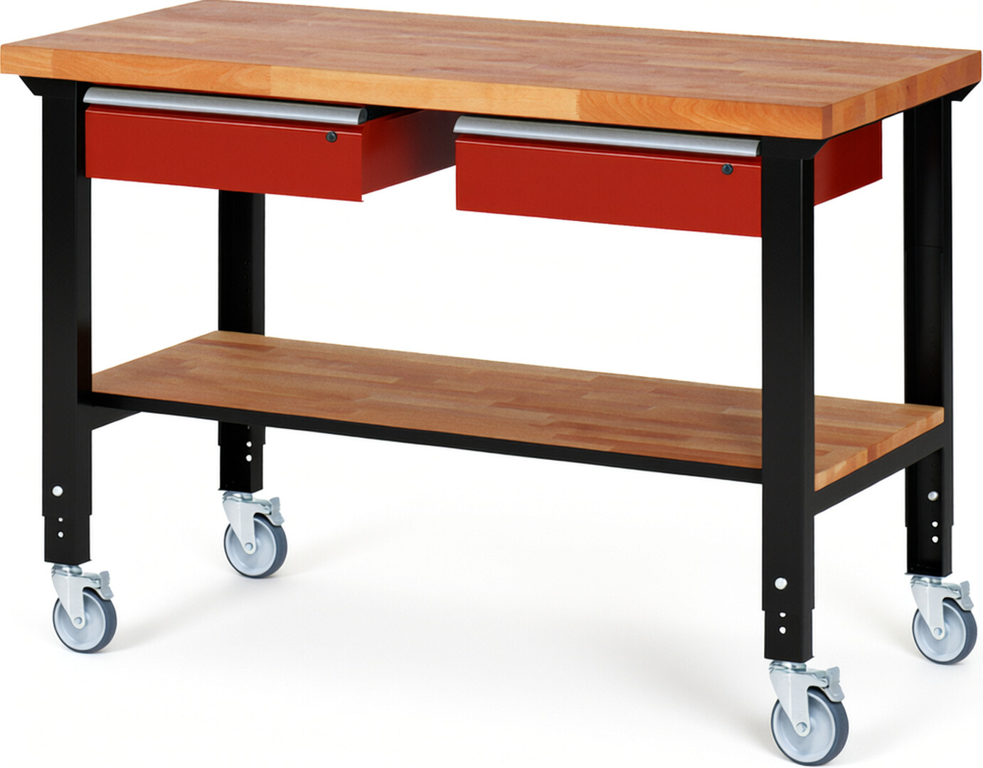 Fahrbare Werkbank Modell 7002 schwarz-rot, BxTxH 1500x700x950-1000 mm,  Buche-Massiv Arbeitsplatte 40 mm,  2 Schubladen mit  Auszug 90 %
