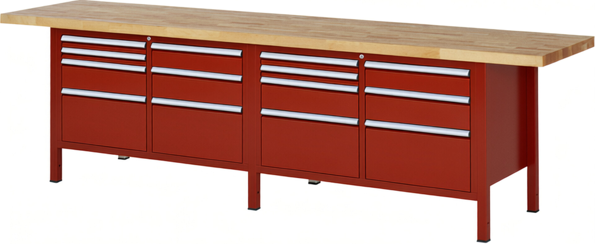 Werkbank Modell 8476 rot, BxTxH 3000x700x840-1040 mm,  Buche-Massiv Arbeitsplatte 40 mm,  14 Schubladen mit  Vollauszug 100 % und  SoftClosing