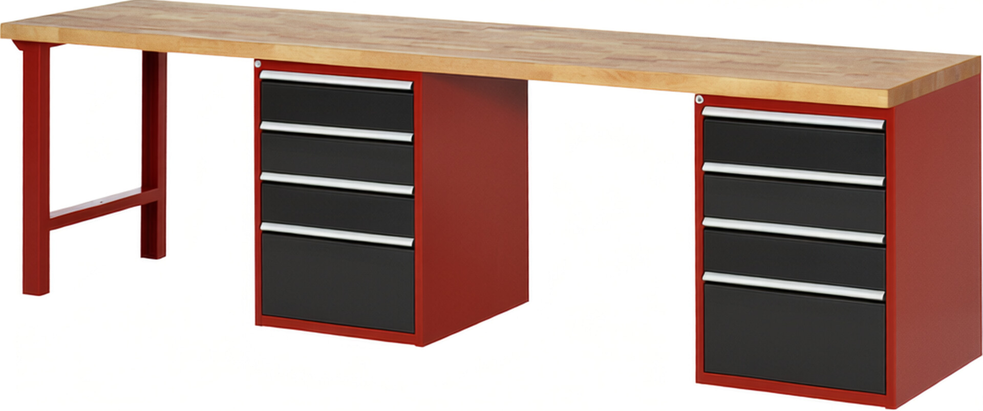 Werkbank Modell 7510 rot - schwarz, BxTxH 3000x700x890 mm,  Buche-Massiv Arbeitsplatte 40 mm,  8 Schubladen mit  Auszug 90 %