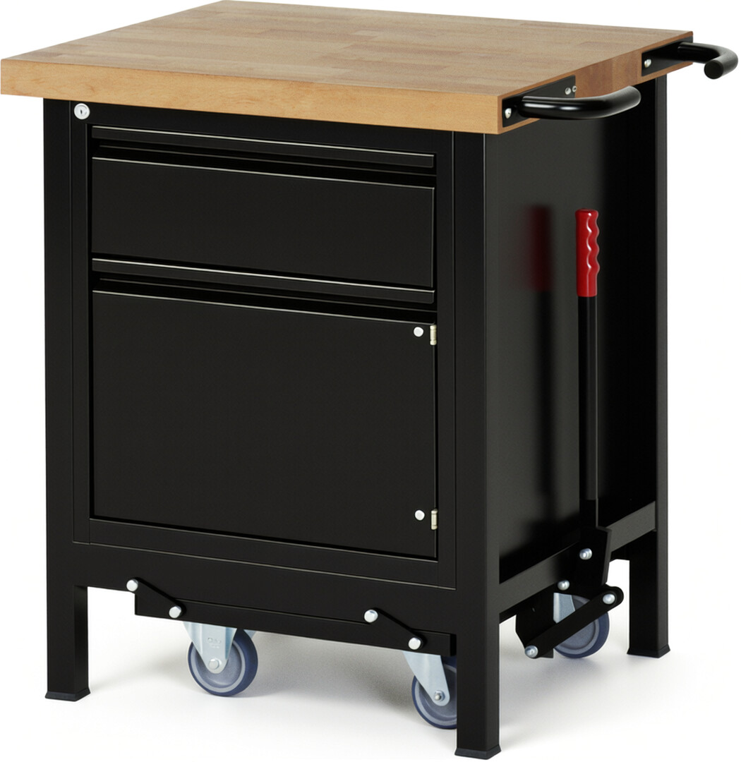 Absenkbare Werkbank - Modell 8152 BASIC schwarz, BxTxH 750x700x880 mm,  Buche-Massiv Arbeitsplatte 40 mm,  1 Schublade mit  Auszug 90 %