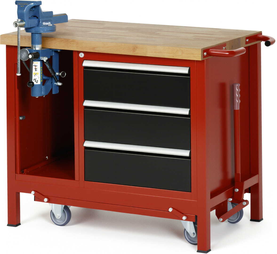 Absenkbare Werkbank Modell 8183 rot - schwarz, BxTxH 1000x700x880 mm,  Buche-Massiv Arbeitsplatte 40 mm,  3 Schubladen mit  Vollauszug 100 % und  SoftClosing