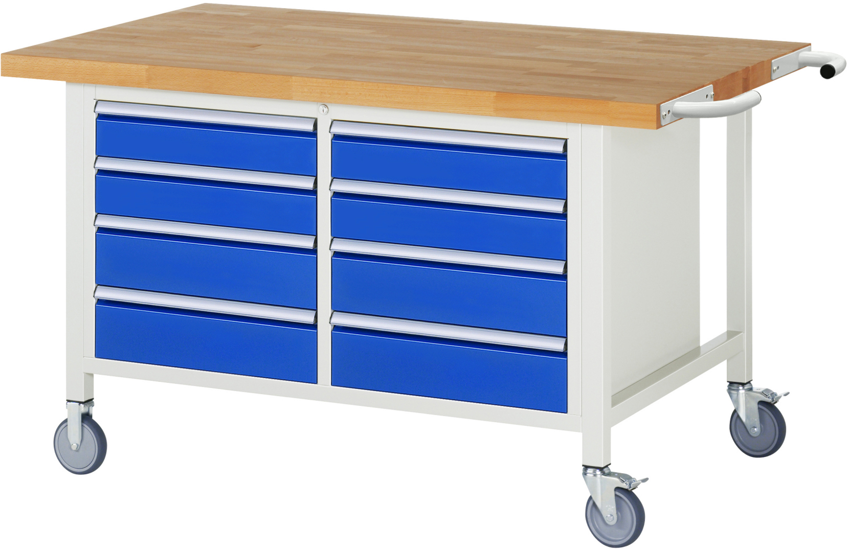 Fahrbare Werkbank Modell 8477,  BxTxH 1500x900x880-1080 mm,  Buche-Massiv Arbeitsplatte 40 mm,  8 Schubladen mit  Auszug 90 %