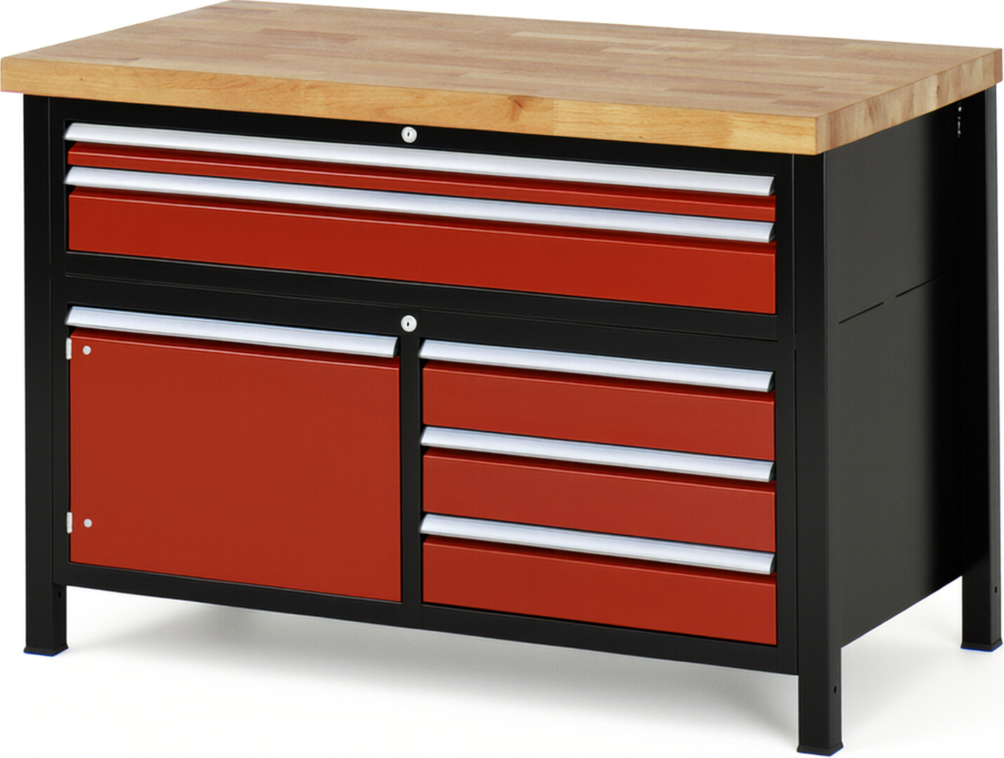 RAU Werkbank schwarz - rot - Breite 125 cm - Tiefe 70 cm - Höhe 104 cm - Buche-Massiv Arbeitsplatte 40 mm