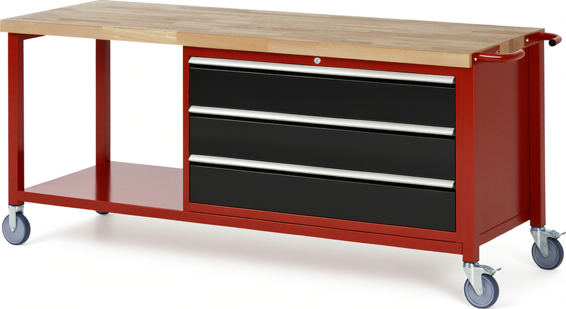 Fahrbare Werkbank Modell 8357 rot - schwarz, BxTxH 2000x700x880-1080 mm,  Buche-Massiv Arbeitsplatte 40 mm,  3 Schubladen mit  Auszug 90 %