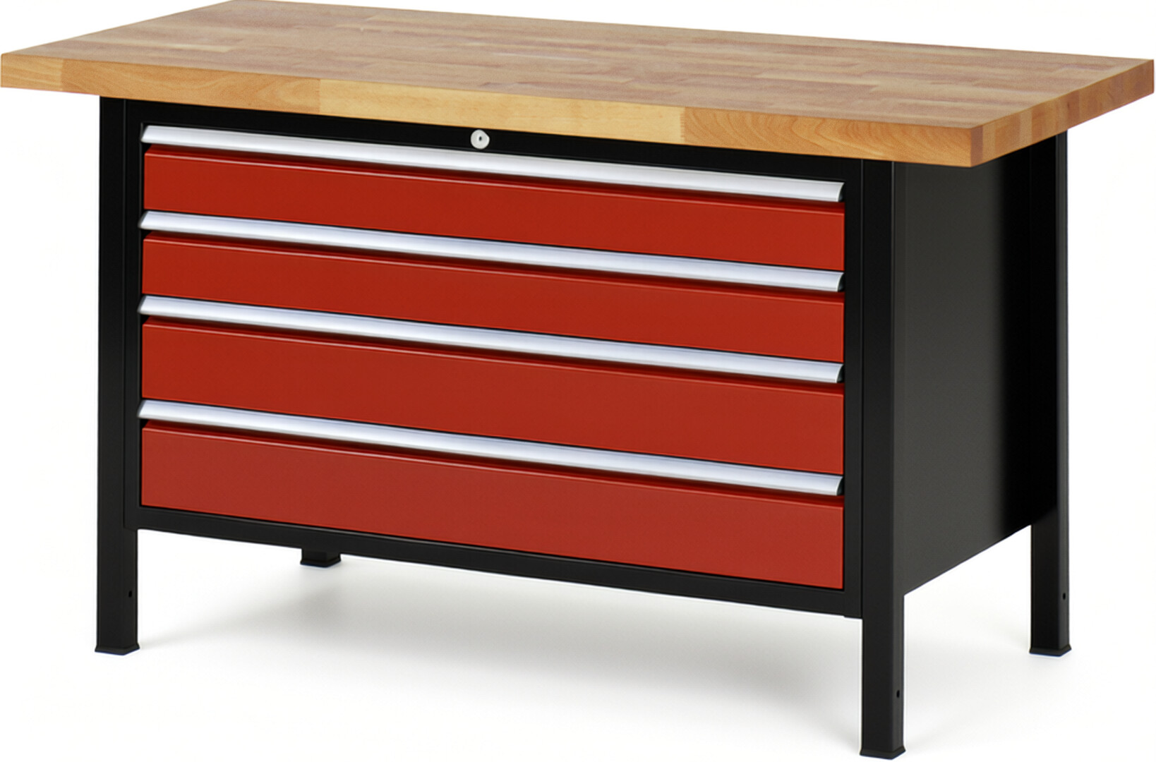 RAU Werkbank schwarz - rot - Breite 150 cm - Tiefe 70 cm - Höhe 104 cm - Buche-Massiv Arbeitsplatte 40 mm