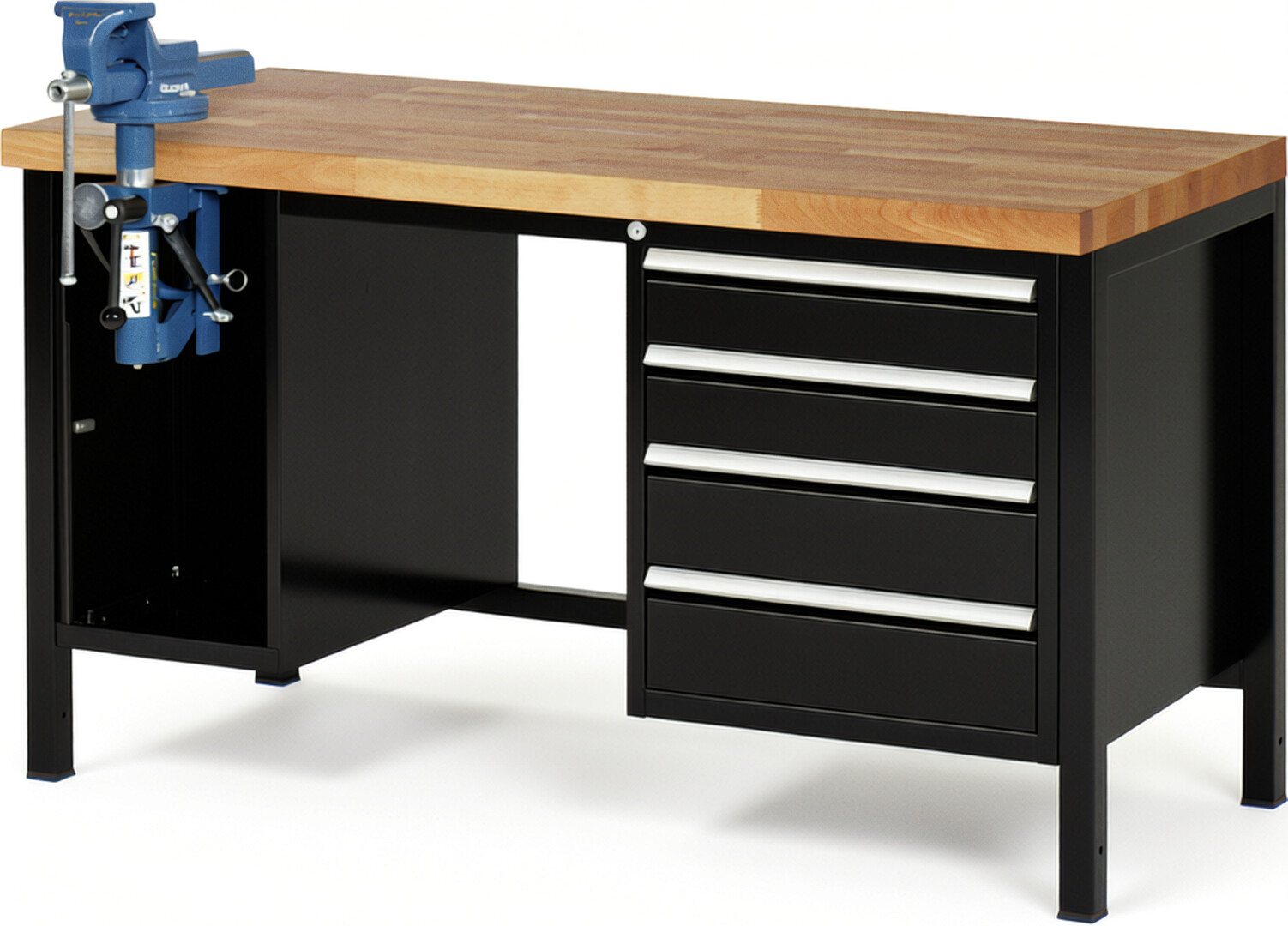 RAU Werkbank schwarz - Breite 150 cm - Tiefe 70 cm - Höhe 84 cm - Buche-Massiv Arbeitsplatte 40 mm