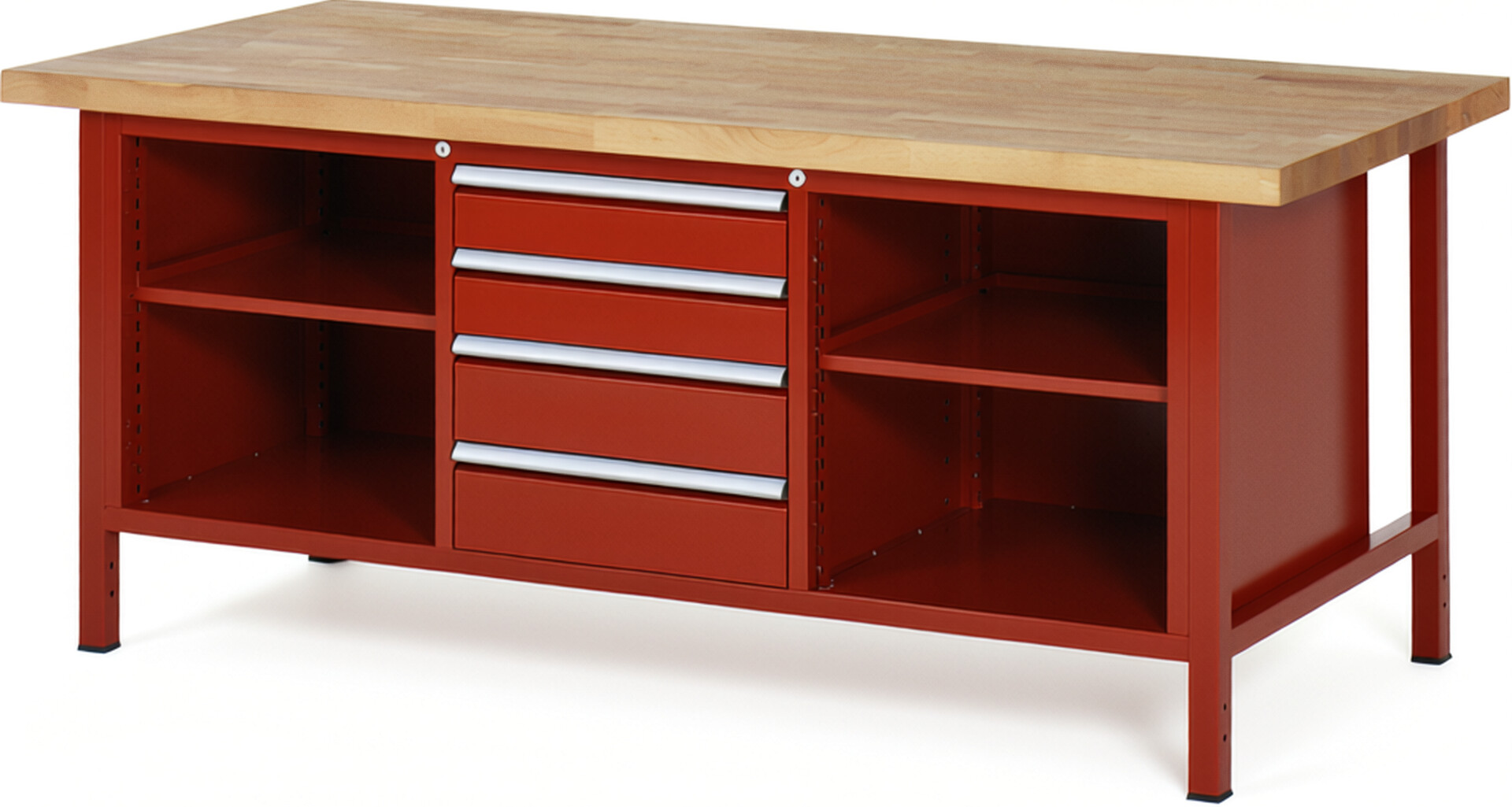 Werkbank Modell 8566 rot, BxTxH 2000x900x840 mm,  Buche-Massiv Arbeitsplatte 40 mm,  4 Schubladen mit  Vollauszug 100 % und  SoftClosing