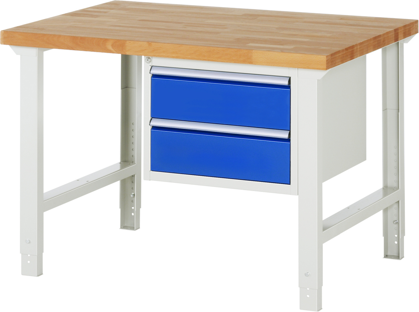 Werkbank Modell 7125 rot - schwarz, BxTxH 1250x900x790-1140 mm,  Buche-Massiv Arbeitsplatte 40 mm,  2 Schubladen mit  Auszug 90 %