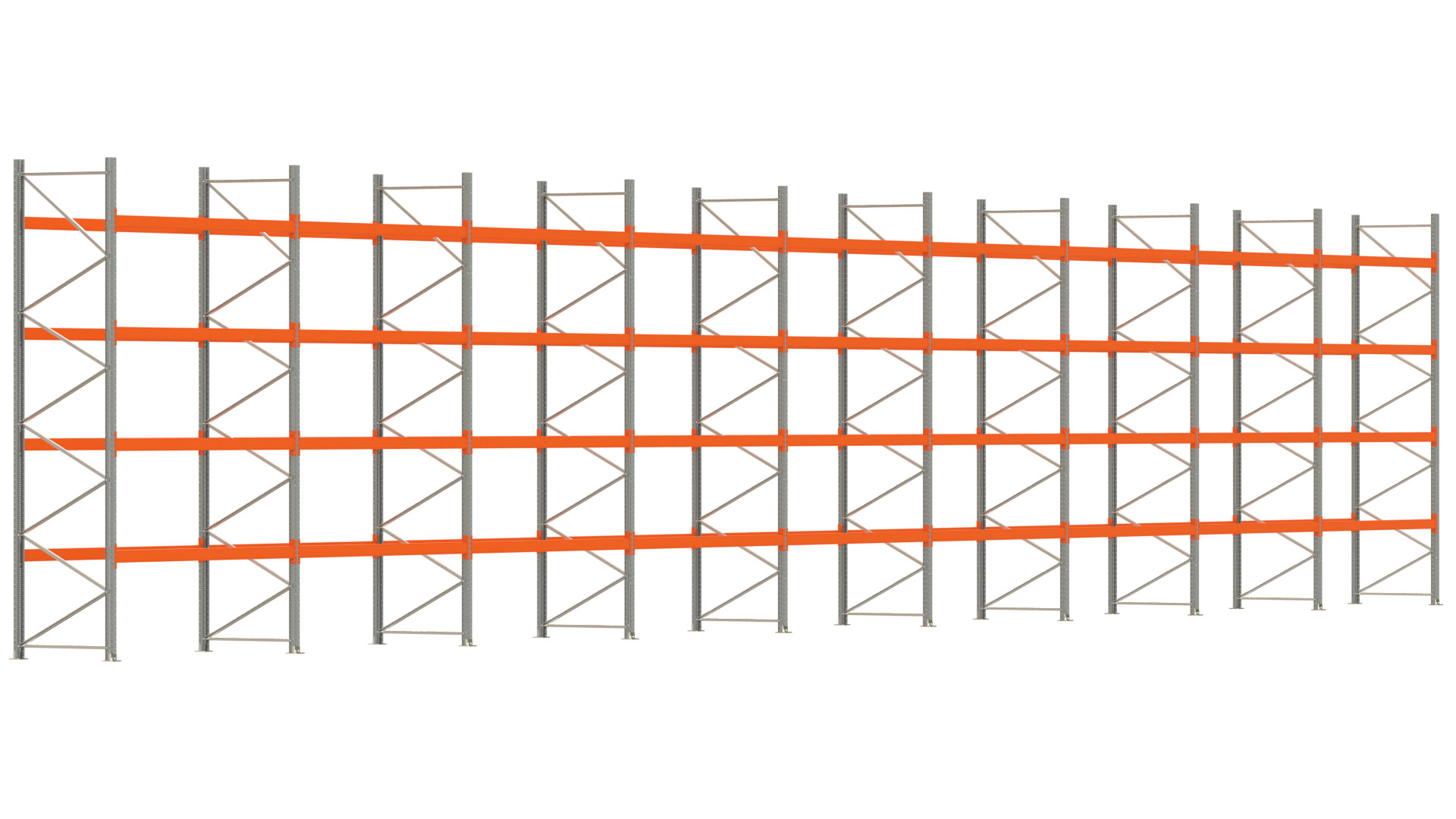 Palettenregal ARTUS - Breite 2515 cm - Höhe 450 cm - Tiefe 110 cm - 4 Träger-Ebenen - max. Fachlast 3000 kg - 135 Palettenstellplätze