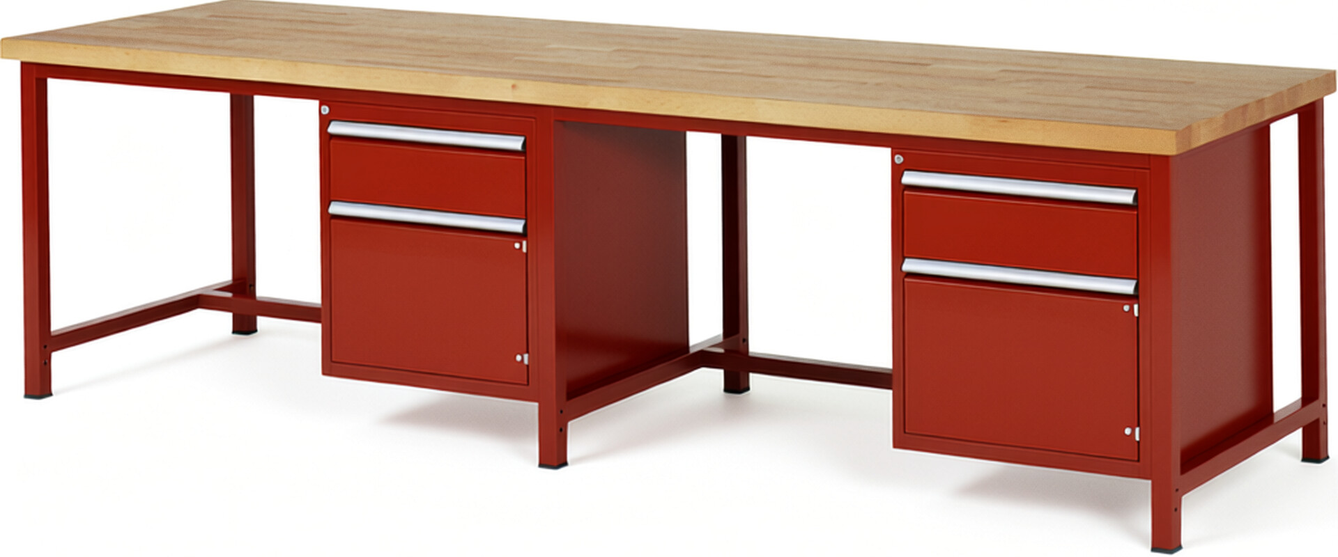 Werkbank Modell 8152 rot, BxTxH 3000x900x840-1040 mm,  Buche-Massiv Arbeitsplatte 40 mm,  2 Schubladen mit  Vollauszug 100 % und  SoftClosing