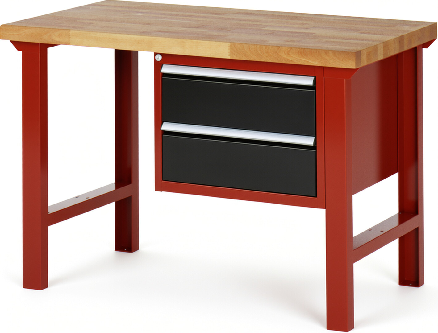 Werkbank Modell 7125 rot - schwarz, BxTxH 1250x700x840 mm,  Buche-Massiv Arbeitsplatte 40 mm,  2 Schubladen mit  Vollauszug 100 % und  SoftClosing