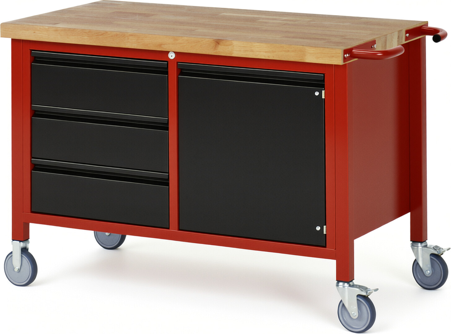 Fahrbare Werkbank - Modell 8468 BASIC rot - schwarz, BxTxH 1250x700x880 mm,  Buche-Massiv Arbeitsplatte 40 mm,  3 Schubladen mit  Auszug 90 %