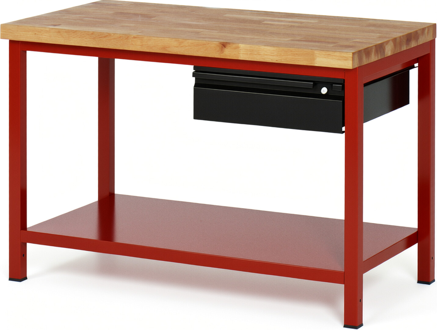 Werkbank rot - schwarz, BxTxH 1250x700x840-1040 mm, Platte Buche 40 mm, inkl. Stahlblech-Ablageboden, 1x 150 mm Hängeschublade, RAL 3000/9011