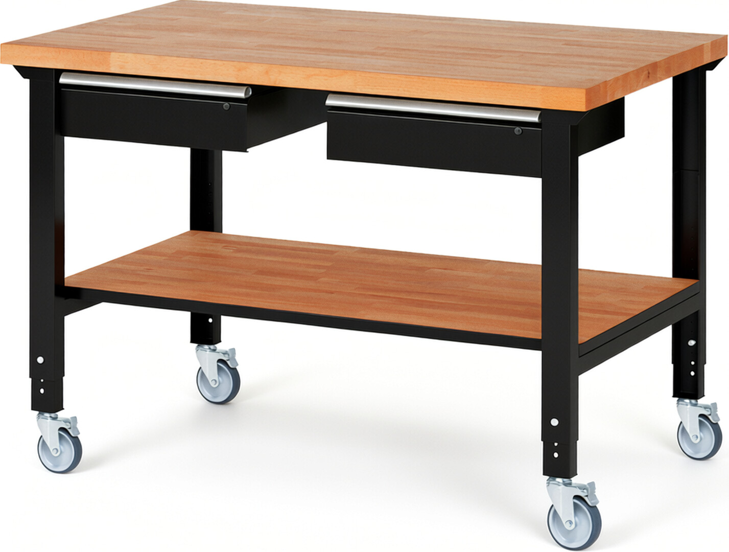 RAU Werkbank schwarz - Breite 150 cm - Tiefe 90 cm - Höhe 100 cm - Buche-Massiv Arbeitsplatte 40 mm