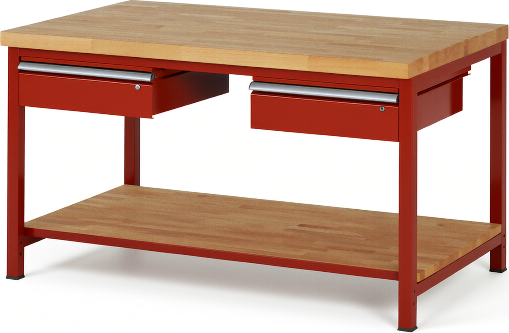 RAU Werkbank rot - Breite 150 cm - Tiefe 90 cm - Höhe 104 cm - Buche-Massiv Arbeitsplatte 40 mm