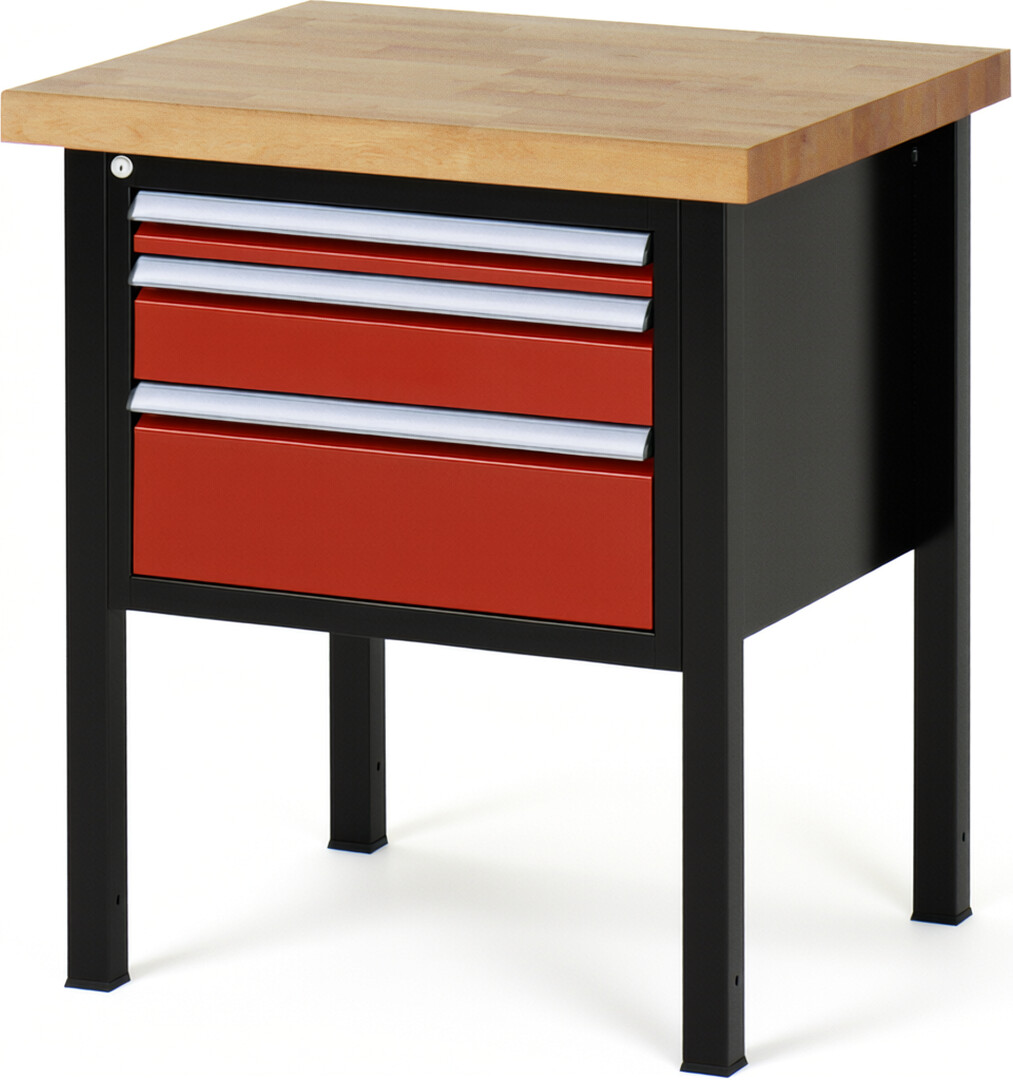 Werkbank Modell 8126 schwarz-rot, BxTxH 750x700x840-1040 mm,  Buche-Massiv Arbeitsplatte 40 mm,  3 Schubladen mit  Vollauszug 100 % und  SoftClosing