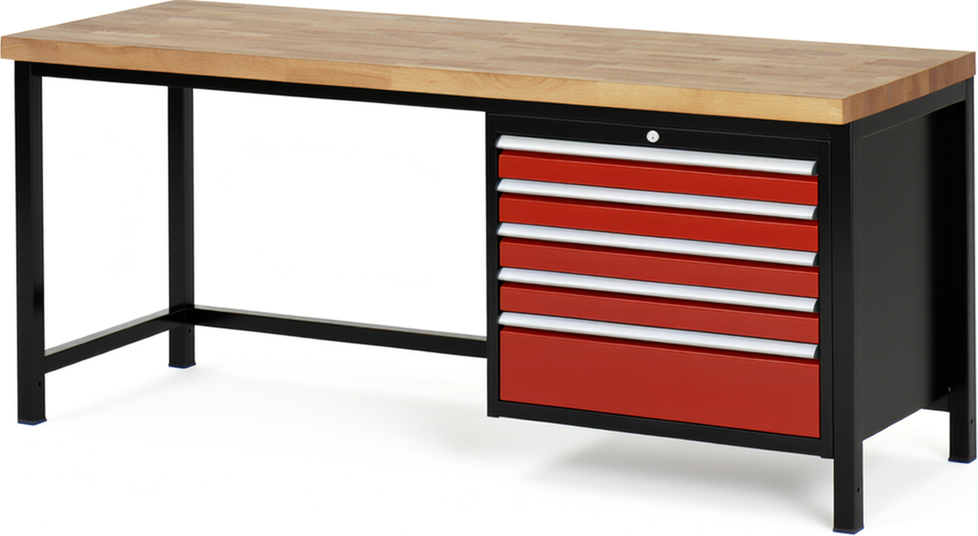 RAU Werkbank schwarz - rot - Breite 200 cm - Tiefe 70 cm - Höhe 104 cm - Buche-Massiv Arbeitsplatte 40 mm