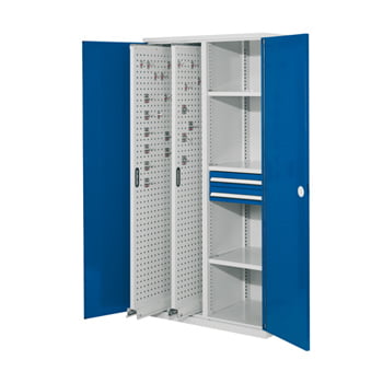Werkzeugschrank - 2 Vertikalauszüge, 2 Schubladen, 3 Fachböden - Frontfarbe enzianblau, Türen geschlossen, 1.950 x 1.000 x 600 mm (HxBxT)