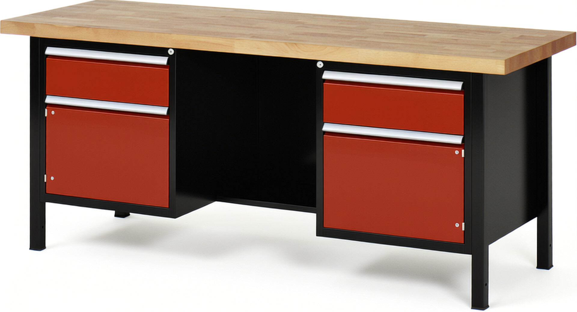 RAU Werkbank schwarz - rot - Breite 200 cm - Tiefe 70 cm - Höhe 104 cm - Buche-Massiv Arbeitsplatte 40 mm