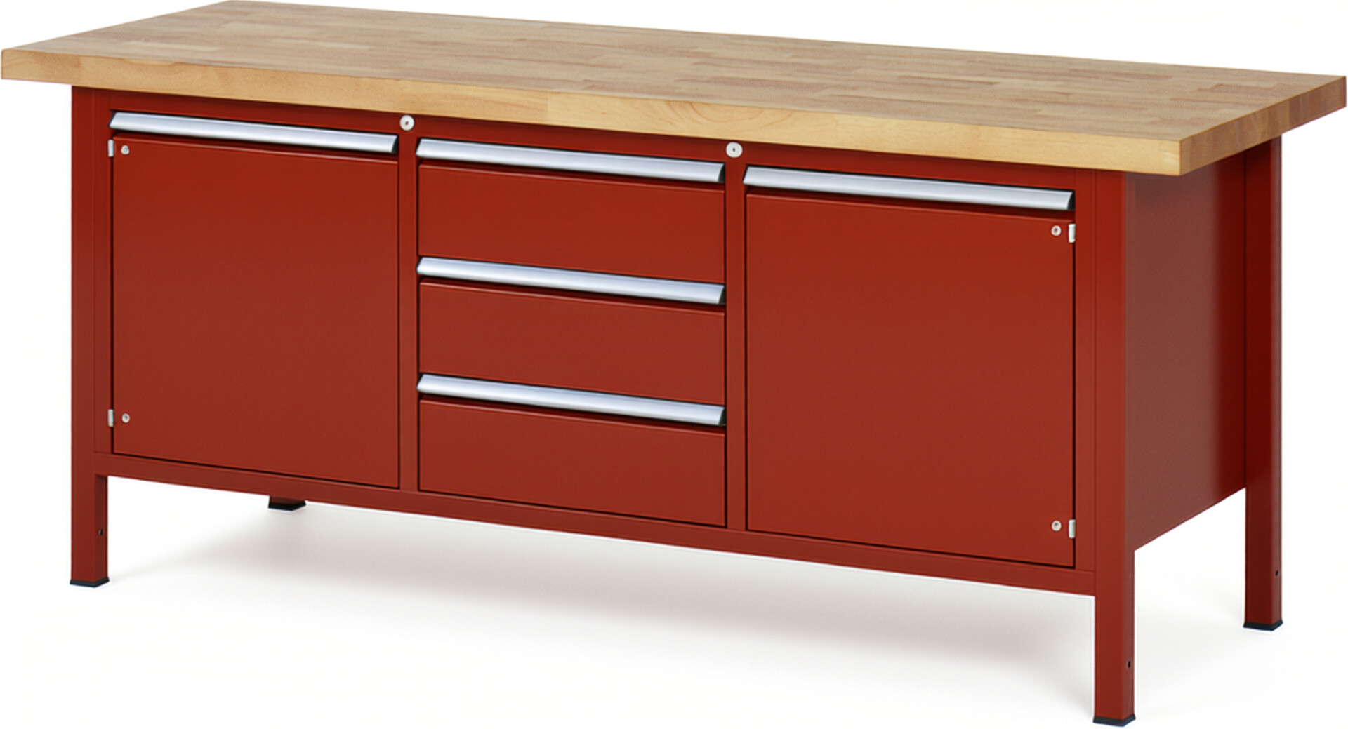Werkbank Modell 8569 rot, BxTxH 2000x700x840-1040 mm,  Buche-Massiv Arbeitsplatte 40 mm,  3 Schubladen mit  Auszug 90 %
