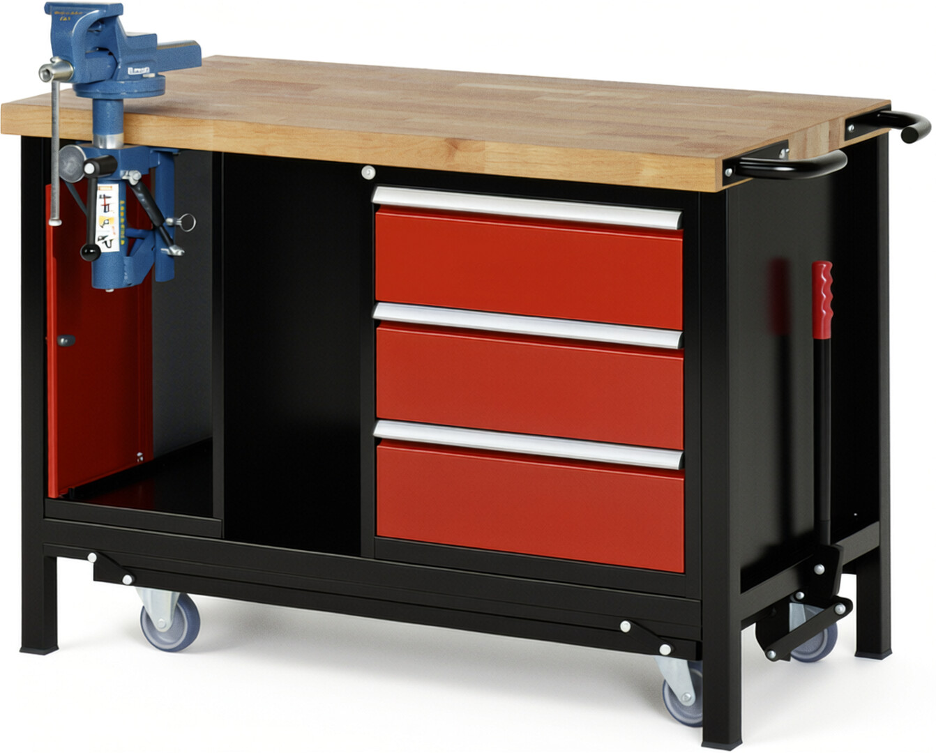 RAU Werkbank schwarz - rot - Breite 125 cm - Tiefe 70 cm - Höhe 88 cm - Buche-Massiv Arbeitsplatte 40 mm