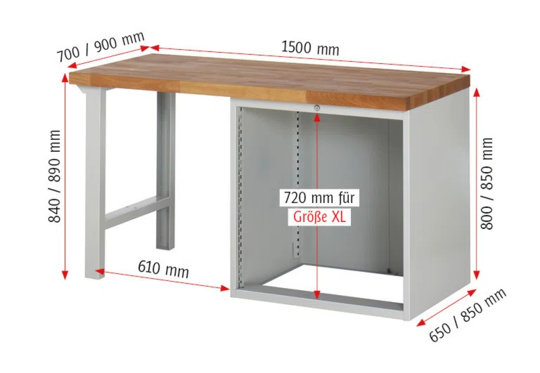 Werkbank Modell 7617 rot - schwarz, BxTxH 1500x900x890 mm,  Buche-Massiv Arbeitsplatte 40 mm,  7 Schubladen mit  Auszug 90 %