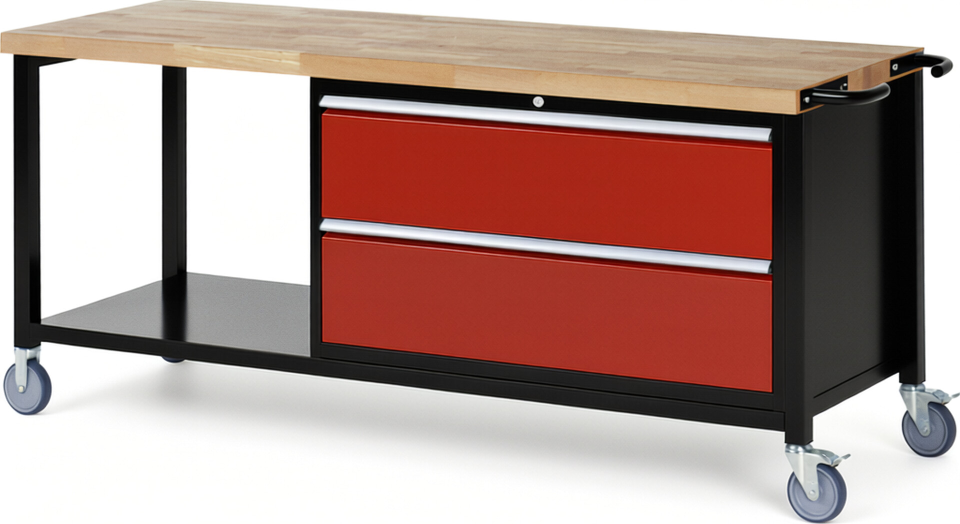 RAU Werkbank schwarz - rot - Breite 200 cm - Tiefe 70 cm - Höhe 108 cm - Buche-Massiv Arbeitsplatte 40 mm