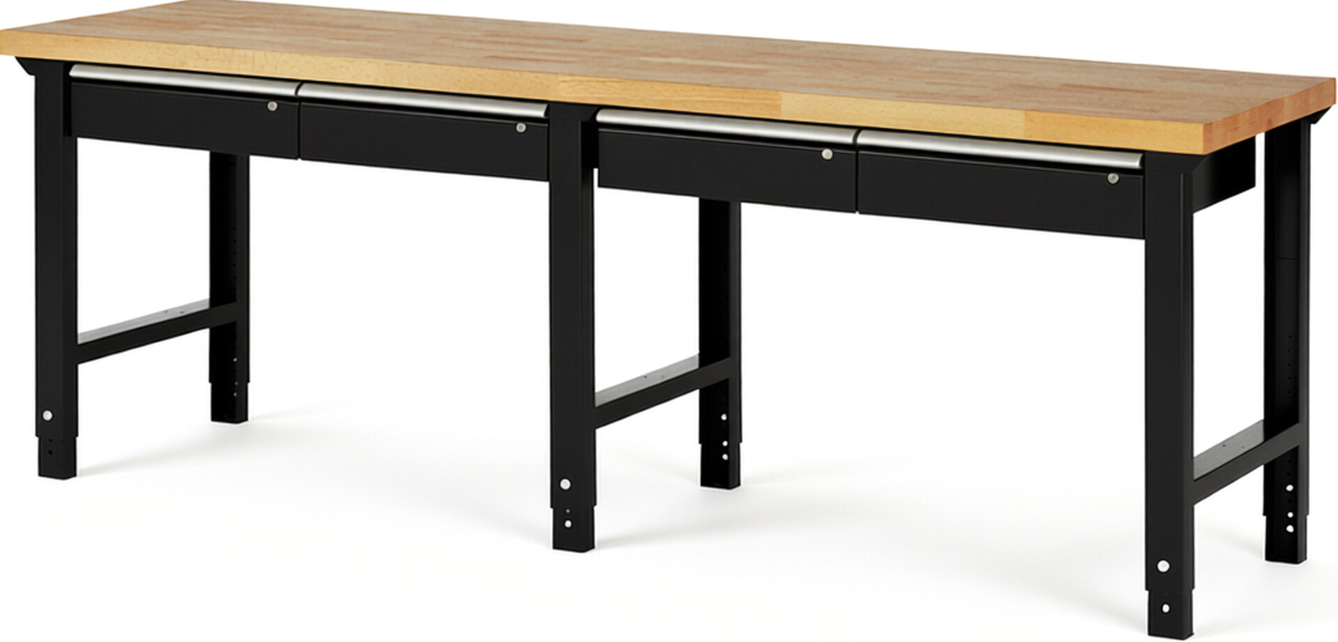 Werkbank Modell 7002 schwarz, BxTxH 2500x700x790-1140 mm,  Buche-Massiv Arbeitsplatte 40 mm,  4 Schubladen mit  Auszug 90 %