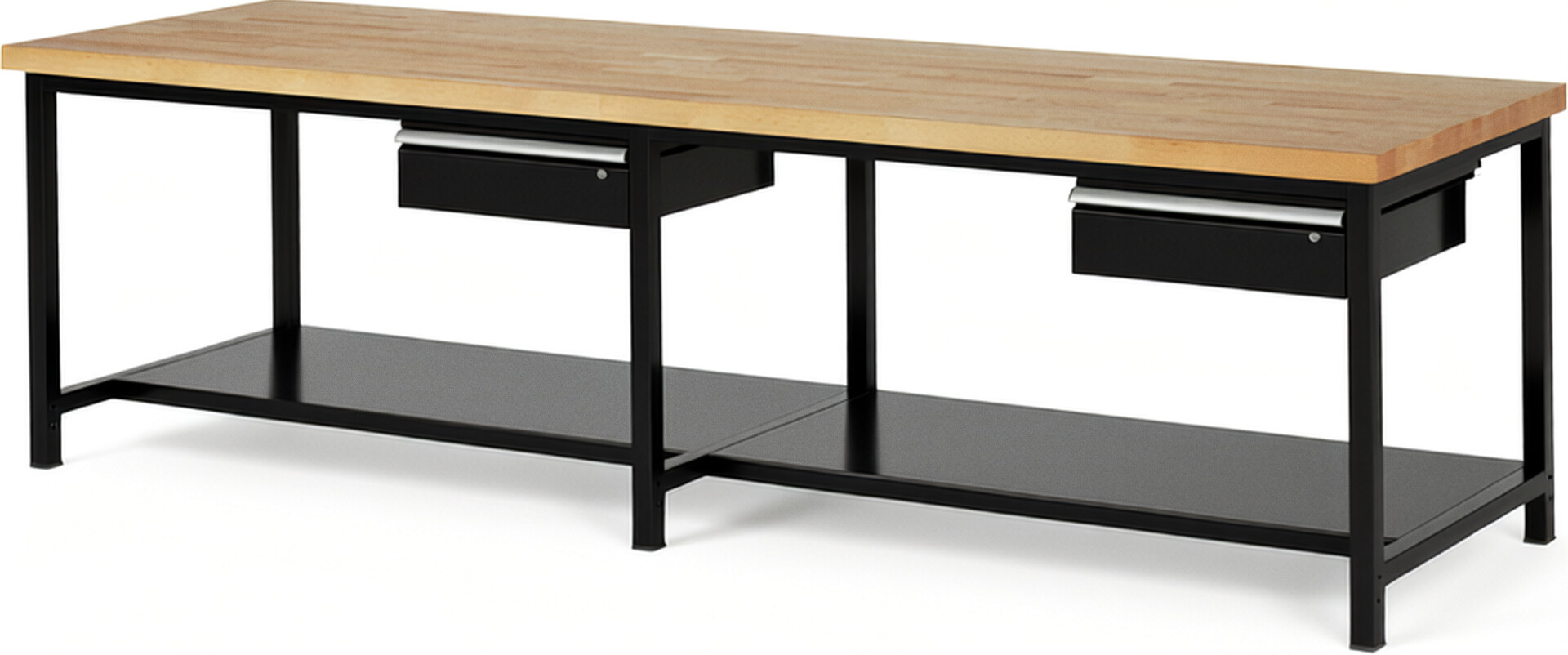 Werkbank Modell 8001 schwarz, BxTxH 3000x900x840 mm,  Buche-Massiv Arbeitsplatte 40 mm,  2 Schubladen mit  Auszug 90 %