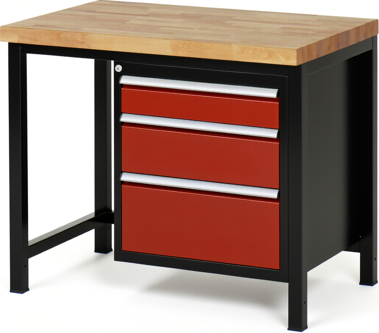 Werkbank Modell 8159 schwarz-rot, BxTxH 1000x700x840-1040 mm,  Buche-Massiv Arbeitsplatte 40 mm,  3 Schubladen mit  Vollauszug 100 % und  SoftClosing
