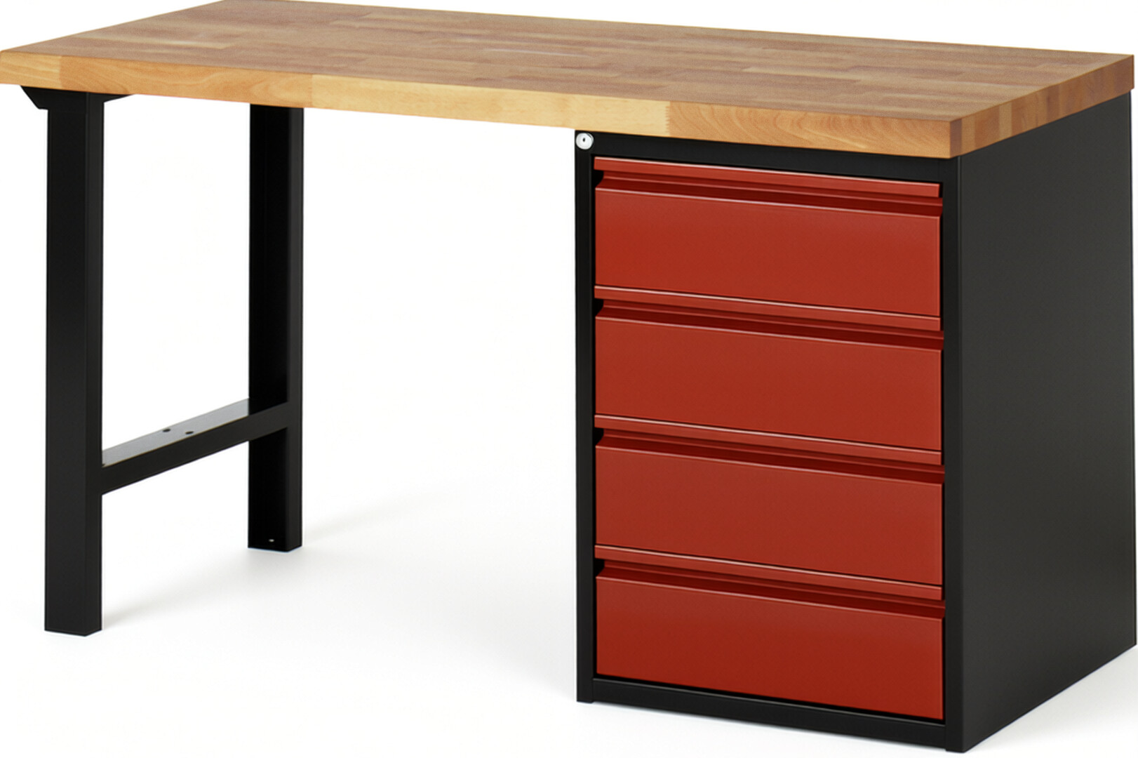 Werkbank schwarz - rot, Breite 150 cm, Tiefe 70 cm, Höhe 84 cm, 4 Schublade(n), Platte: Buche-Massiv-Arbeitsplatte