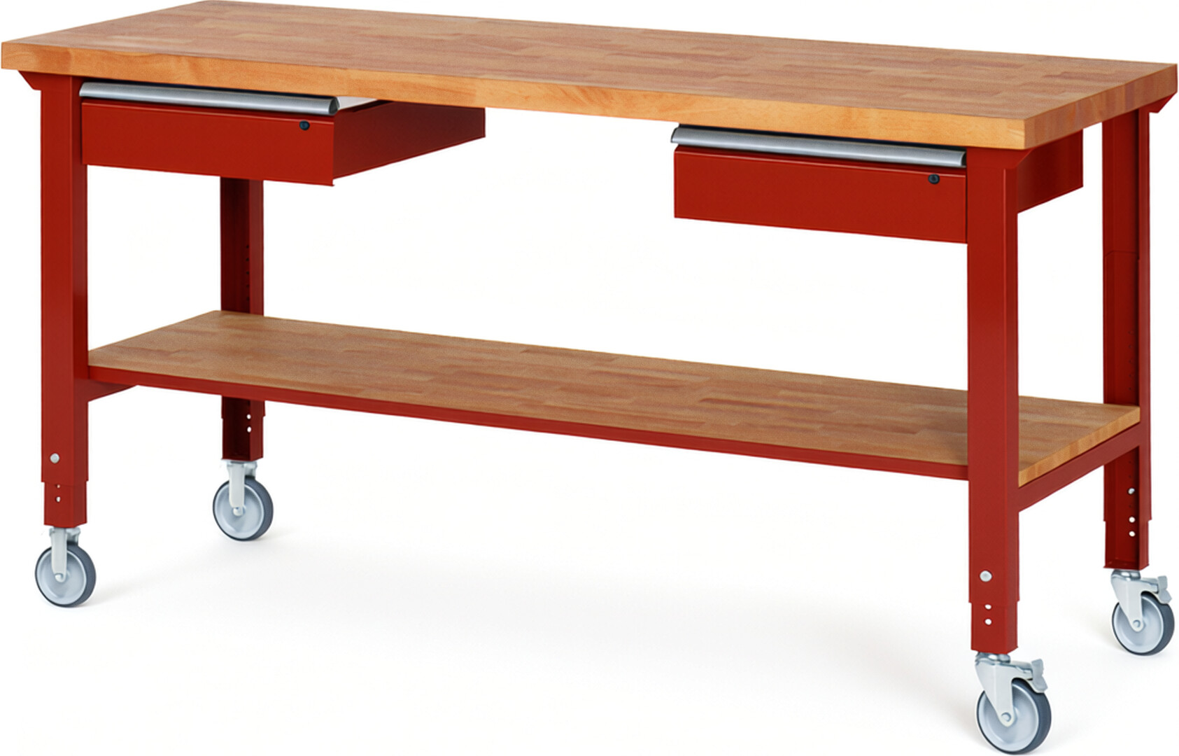 Fahrbare Werkbank Modell 7002 rot, BxTxH 2000x700x950-1000 mm,  Buche-Massiv Arbeitsplatte 40 mm,  2 Schubladen mit  Auszug 90 %