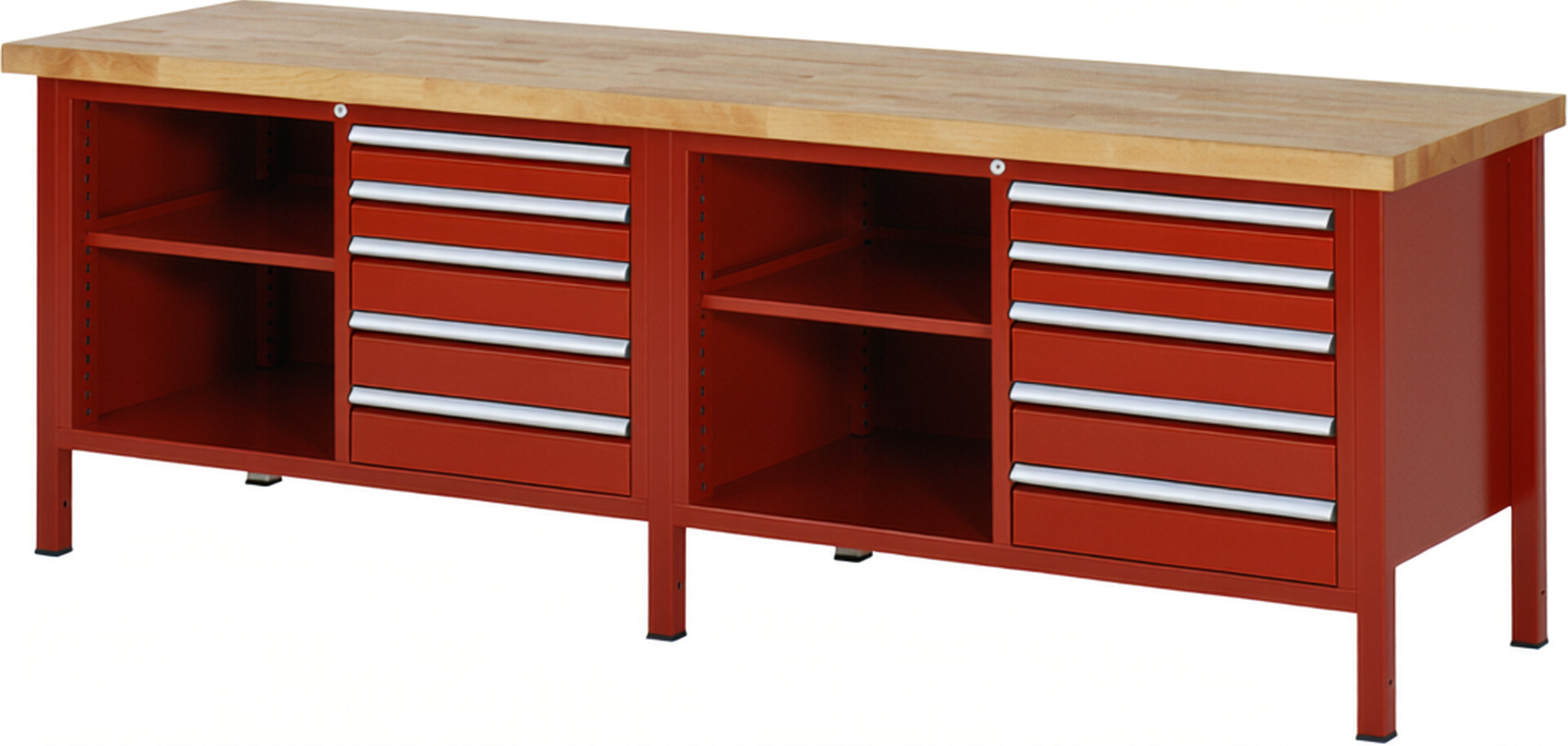 Werkbank Modell 8464 rot, BxTxH 2500x700x840 mm,  Buche-Massiv Arbeitsplatte 40 mm,  10 Schubladen mit  Vollauszug 100 % und  SoftClosing