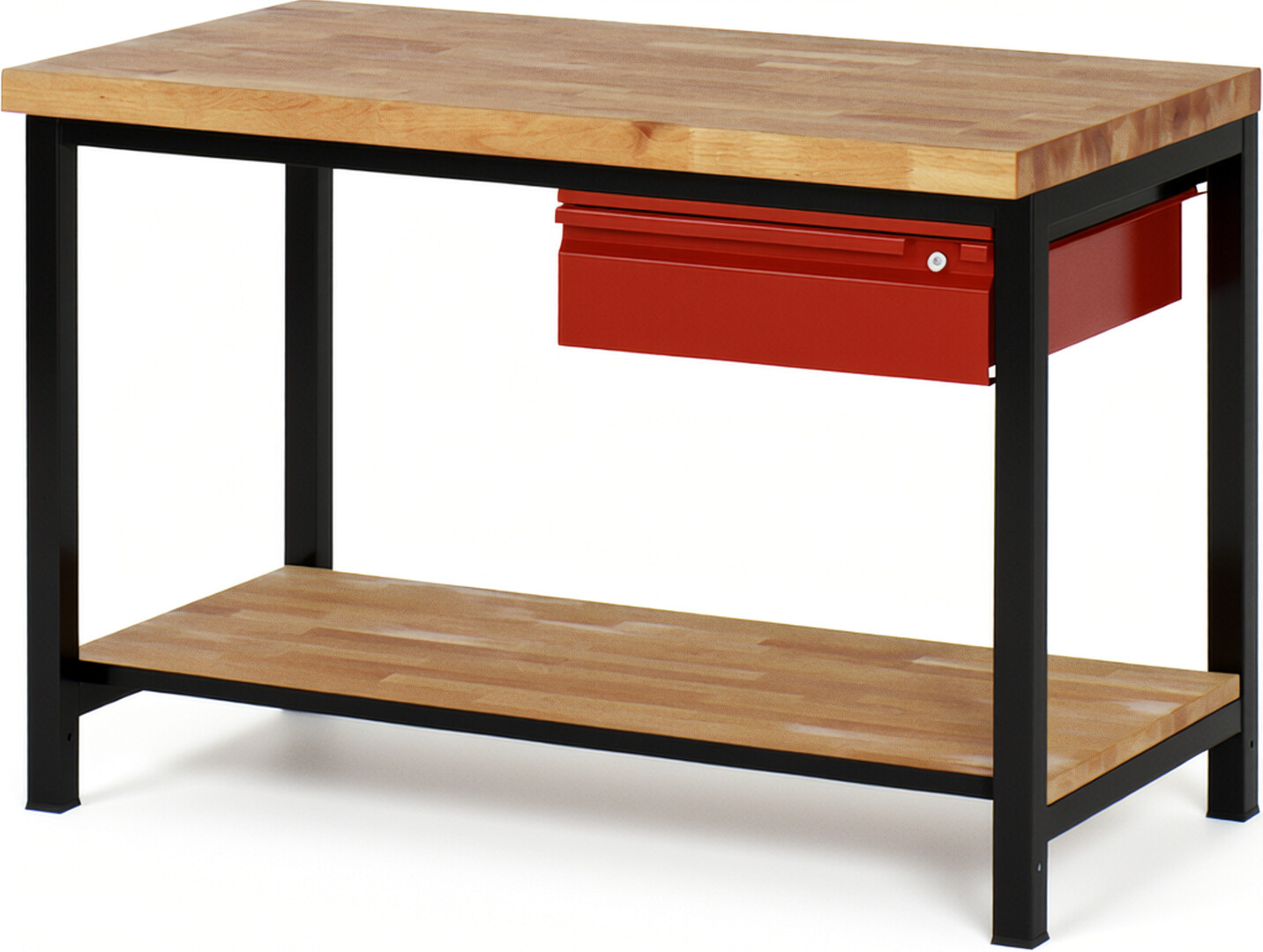 RAU Werkbank schwarz - rot - Breite 125 cm - Tiefe 70 cm - Höhe 104 cm - Buche-Massiv Arbeitsplatte 40 mm