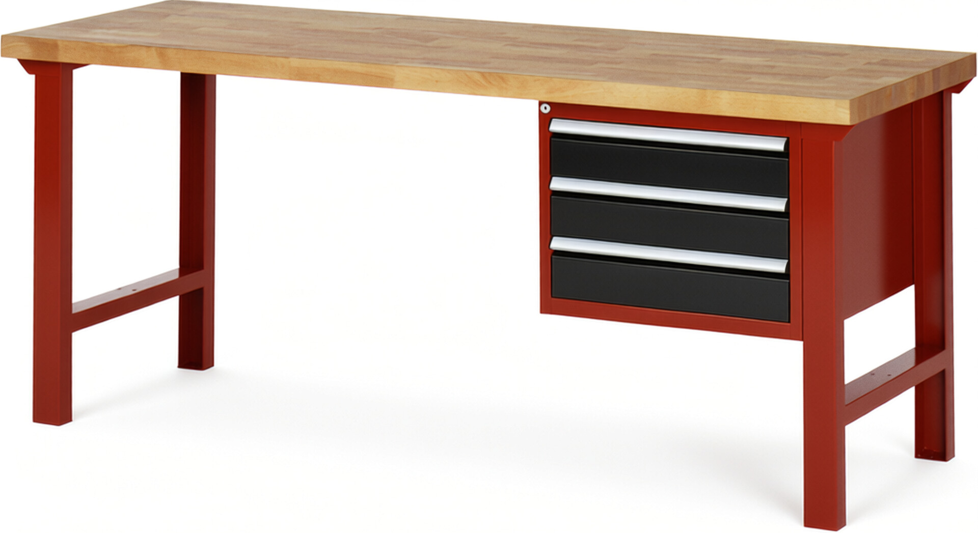 Werkbank Modell 7127 rot - schwarz, BxTxH 2000x700x840 mm,  Buche-Massiv Arbeitsplatte 40 mm,  3 Schubladen mit  Auszug 90 %