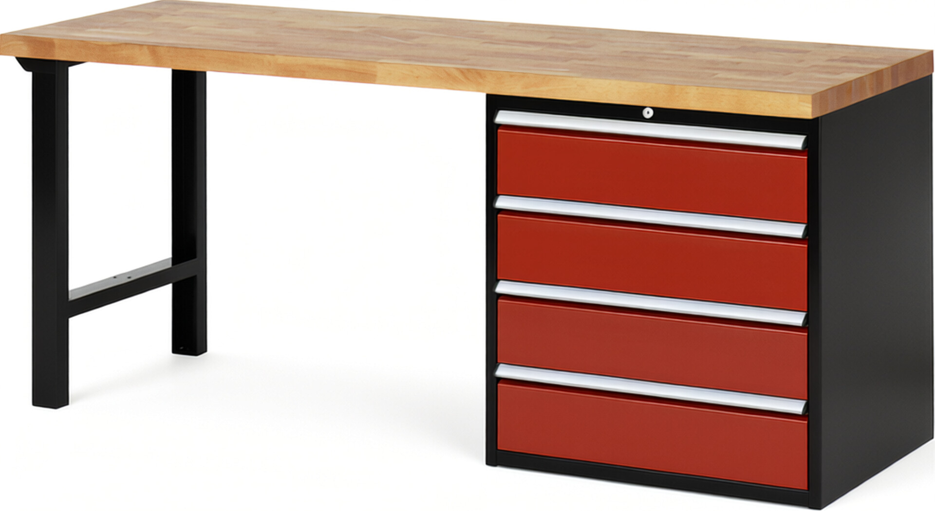 RAU Werkbank schwarz - rot - Breite 200 cm - Tiefe 70 cm - Höhe 84 cm - Buche-Massiv Arbeitsplatte 40 mm