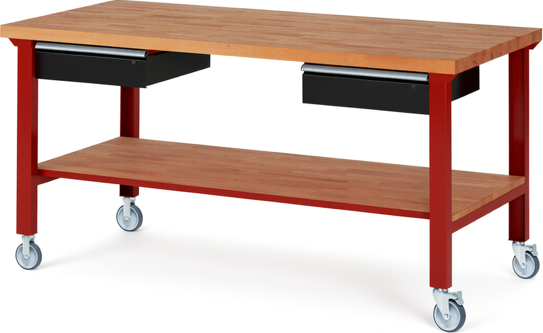 Fahrbare Werkbank Modell 7002 rot - schwarz, BxTxH 2000x900x1000 mm,  Buche-Massiv Arbeitsplatte 40 mm,  2 Schubladen mit  Auszug 90 %