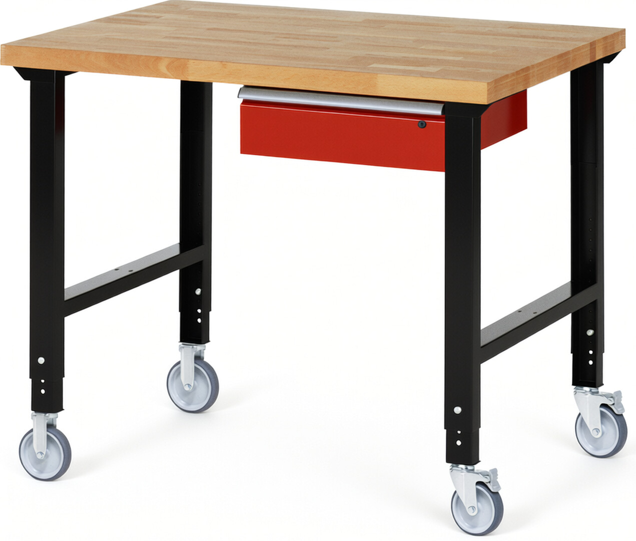 Fahrbare Werkbank Modell 7001 schwarz-rot, BxTxH 1250x900x950-1000 mm,  Buche-Massiv Arbeitsplatte 40 mm,  1 Schublade mit  Auszug 90 %