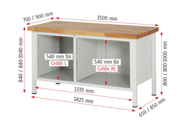 Werkbank Modell 8653 rot, BxTxH 1500x900x840-1040 mm,  Buche-Massiv Arbeitsplatte 40 mm,  9 Schubladen mit  Auszug 90 %